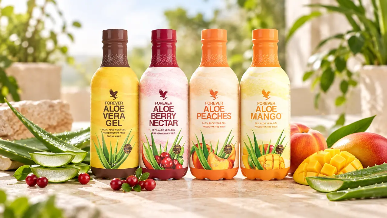 Štyri varianty aloe vera nápojov Forever Living v prírodnom prostredí
